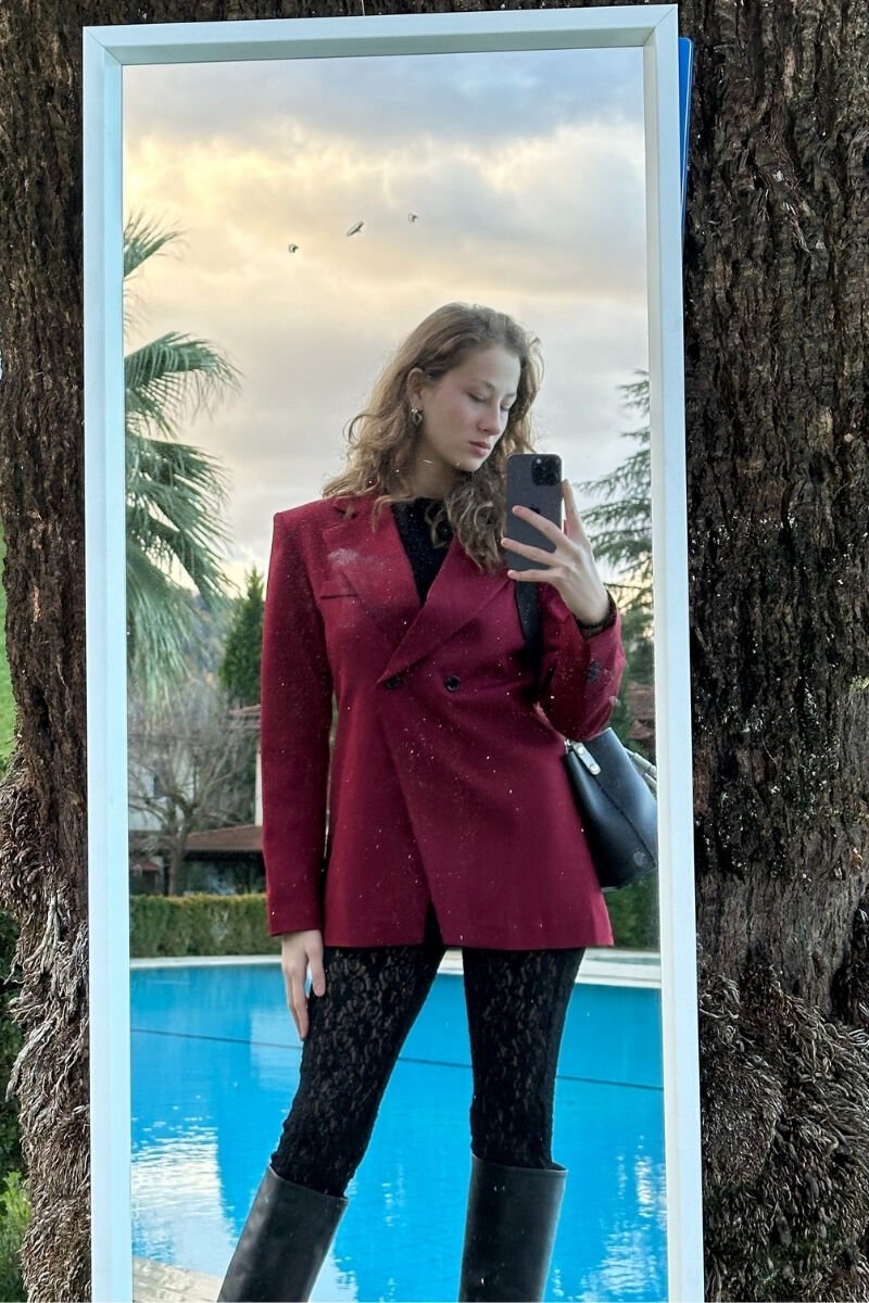 Bordo Bele Oturan Vatkalı Blazer Ceket